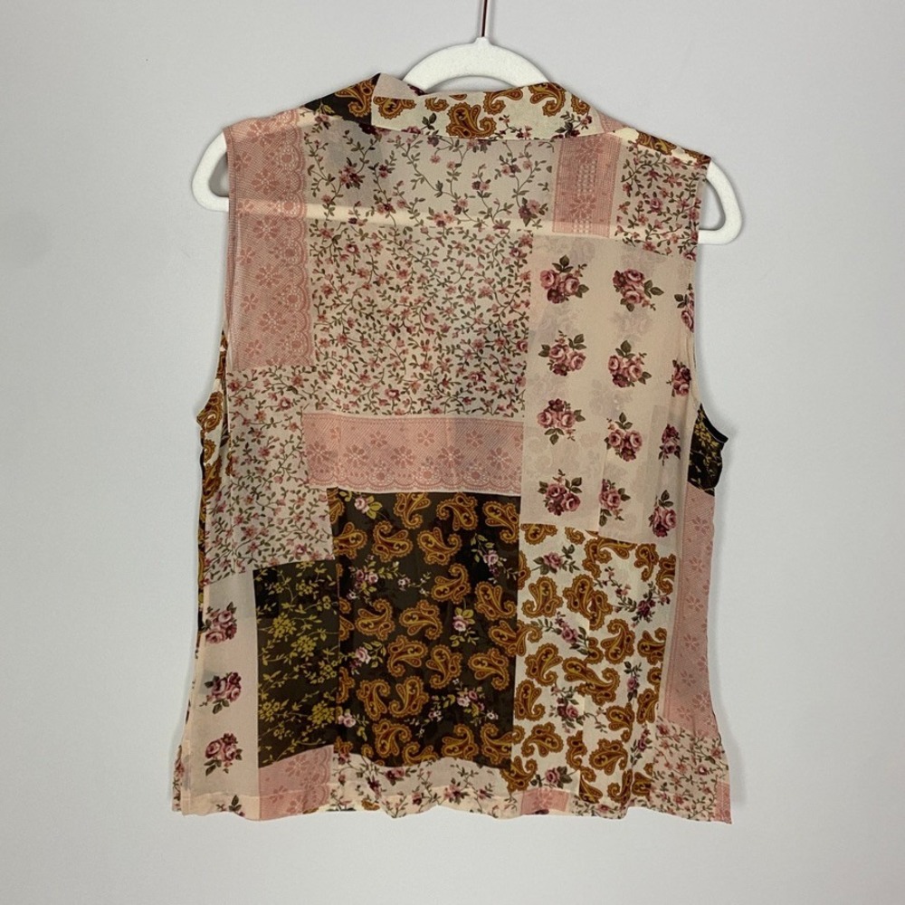 Silk Patchwork Sleeveless Button Top Pink Coquett… - image 5